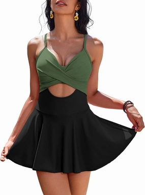 AI'MAGE Women's One Piece Swimdress V Neck Tie Back Skirt Swimsuit Push Up Tummy Control Bathing Suits