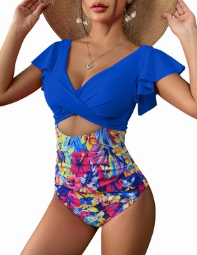 AI'MAGE Women's Ruffle One Piece Swimsuit V Neck Tummy Control Bathing Suits Cutout Backless Swimwear