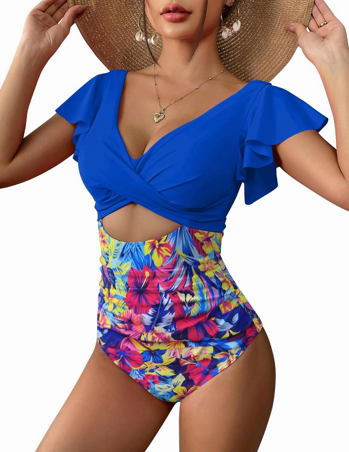 AI'MAGE Women's Ruffle One Piece Swimsuit V Neck Tummy Control Bathing Suits Cutout Backless Swimwear