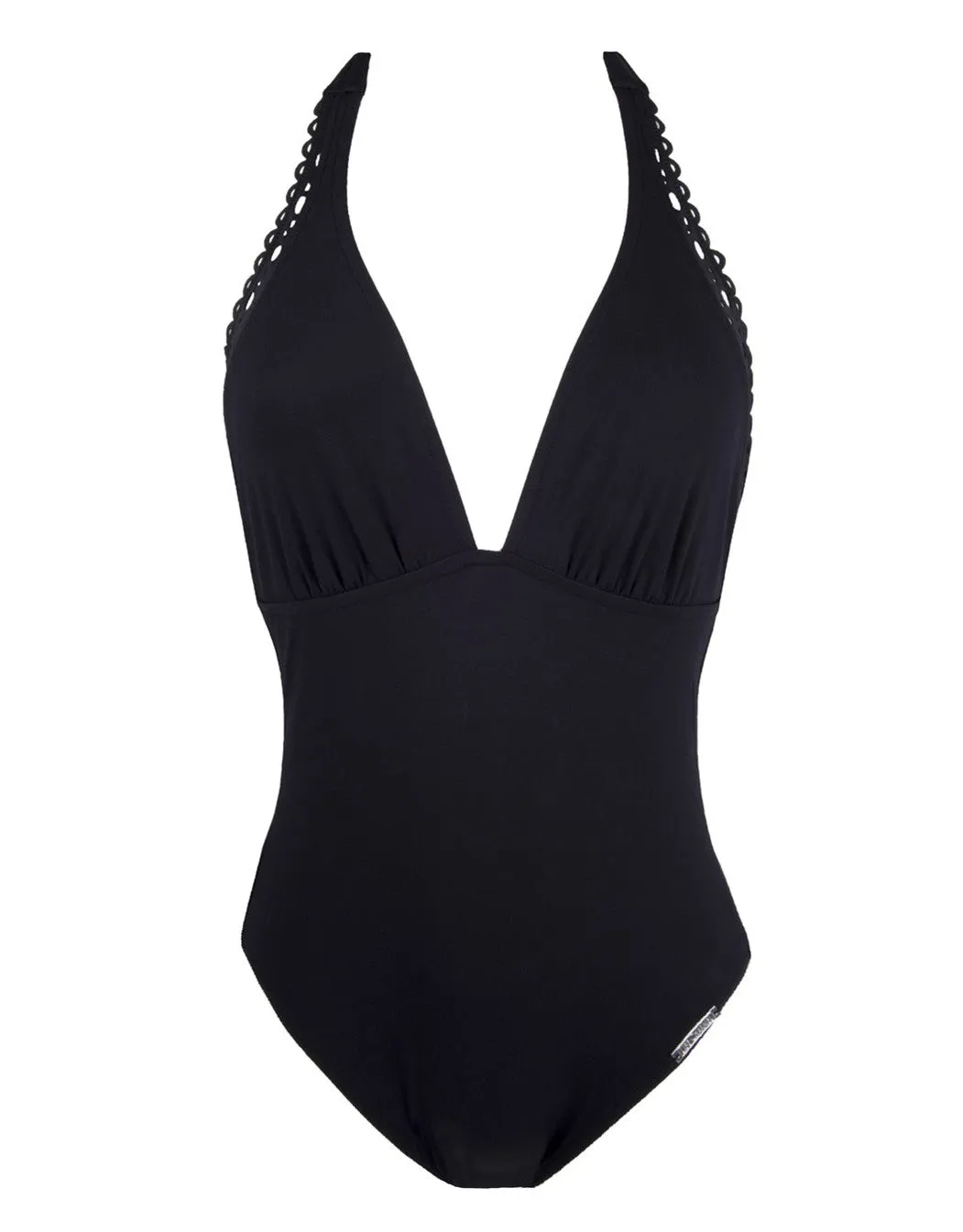 Ajourage Halter One Piece Swimsuit with Plunging Back Black