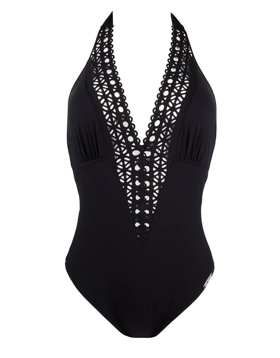 Ajourage Plunge Front One Piece Swimsuit, Black