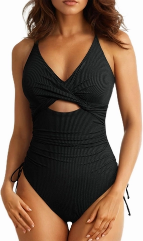 Aleumdr Women's Ribbed One Piece Swimsuit Tummy Control High Cut Bathing Suit Sexy V Neck Criss Cross Monikini