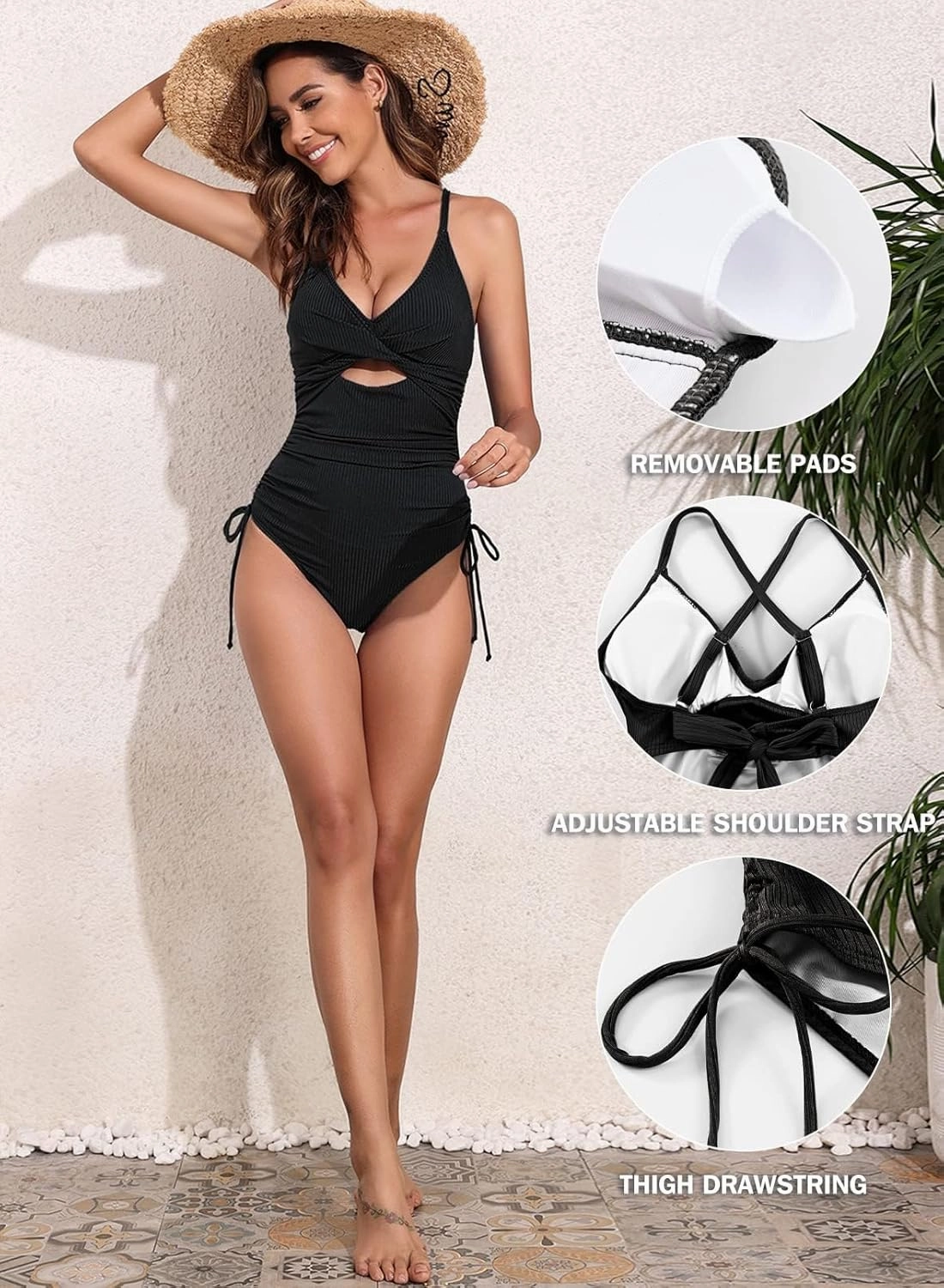 Aleumdr Women's Ribbed One Piece Swimsuit Tummy Control High Cut Bathing Suit Sexy V Neck Criss Cross Monikini