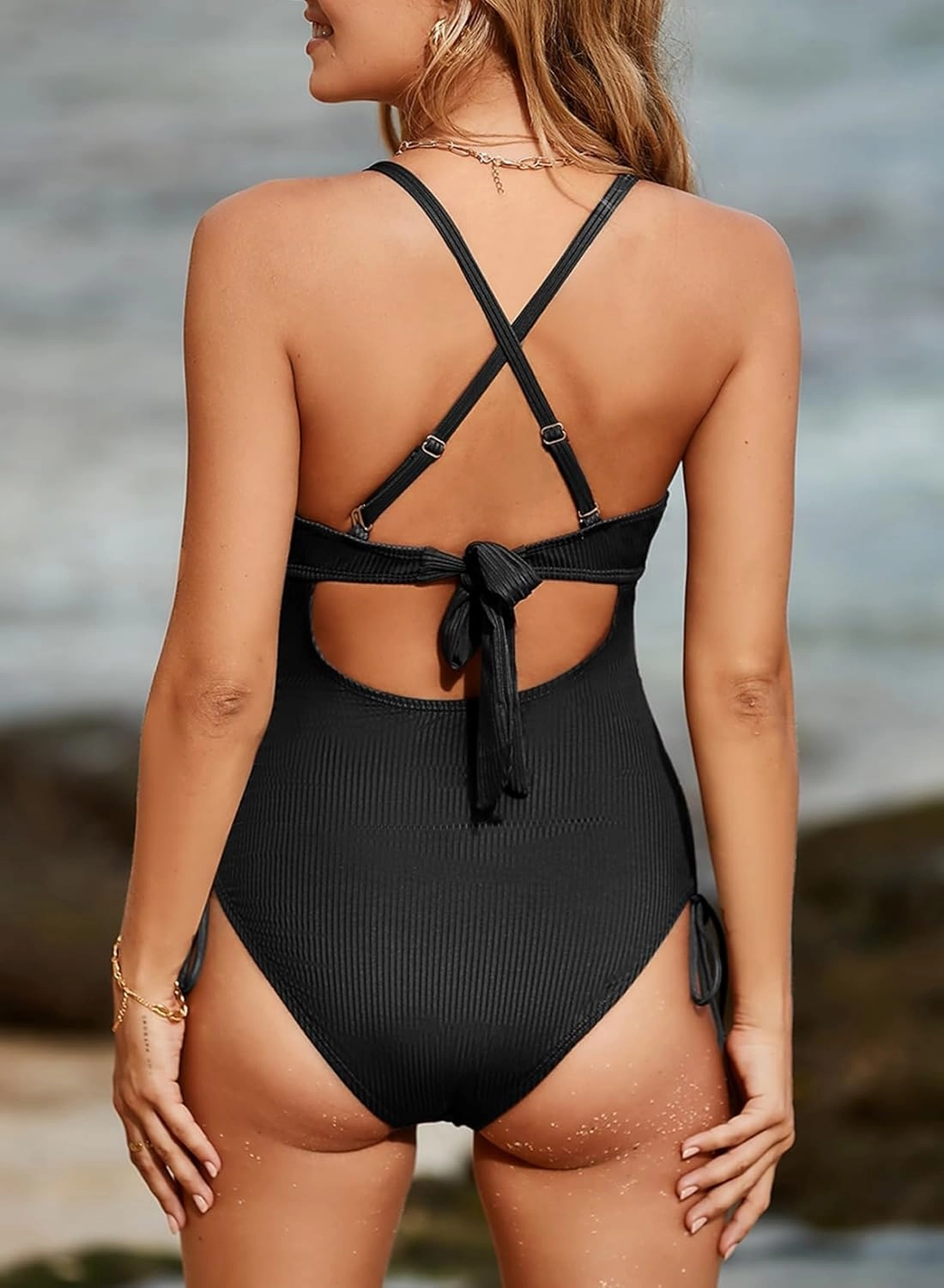 Aleumdr Women's Ribbed One Piece Swimsuit Tummy Control High Cut Bathing Suit Sexy V Neck Criss Cross Monikini
