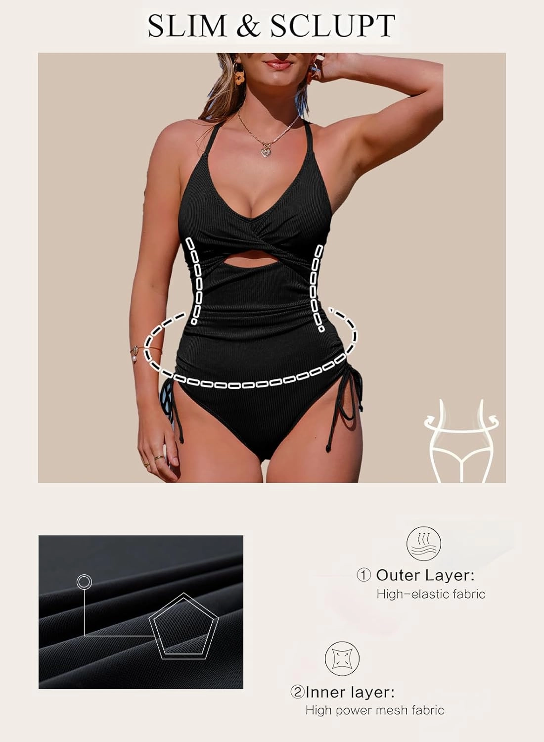 Aleumdr Women's Ribbed One Piece Swimsuit Tummy Control High Cut Bathing Suit Sexy V Neck Criss Cross Monikini