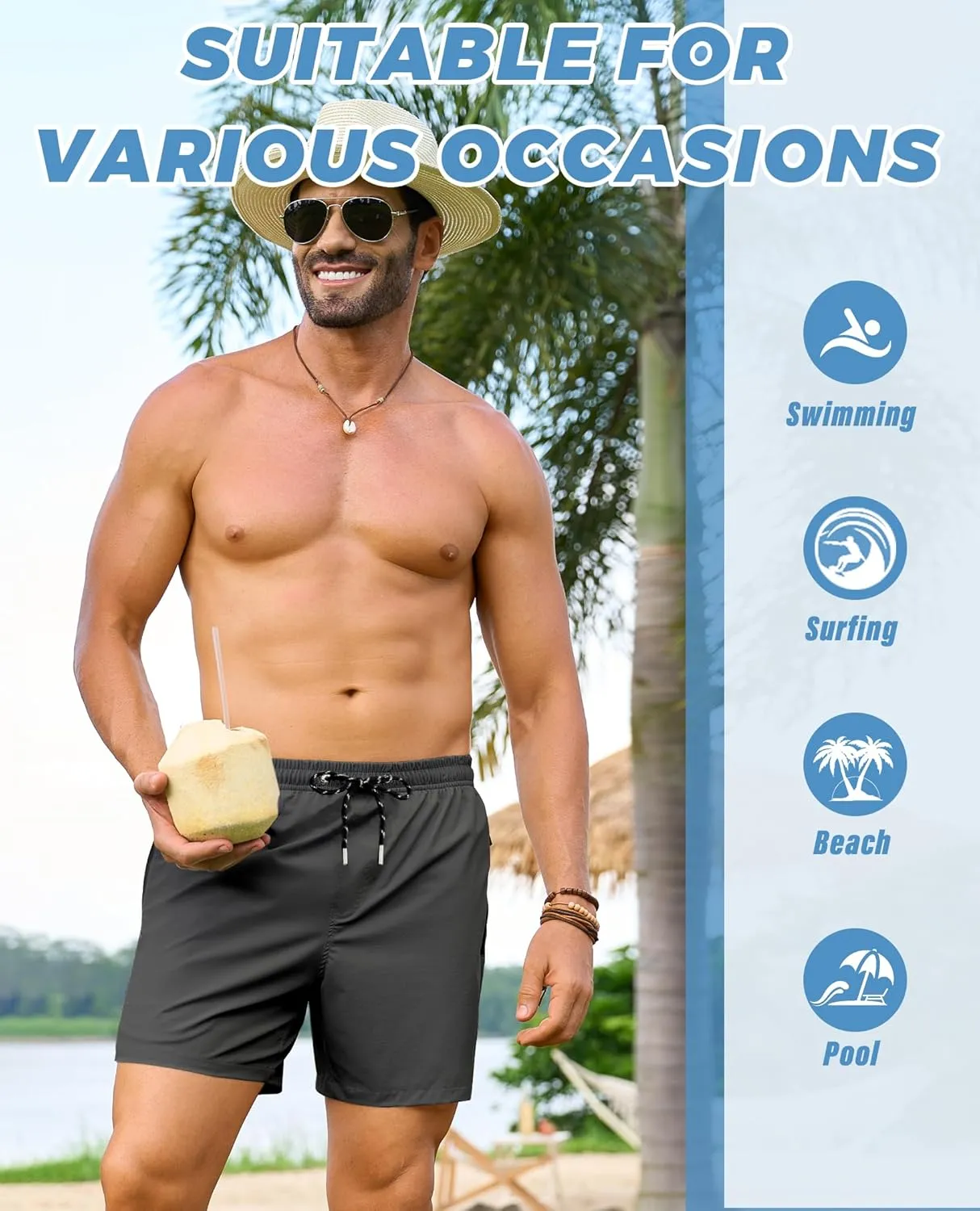 Alimens & Gentle Mens Swim Trunks 5" with Compression Linner Swim Shorts with Zipper Pocket Quick Dry Board Shorts for Men