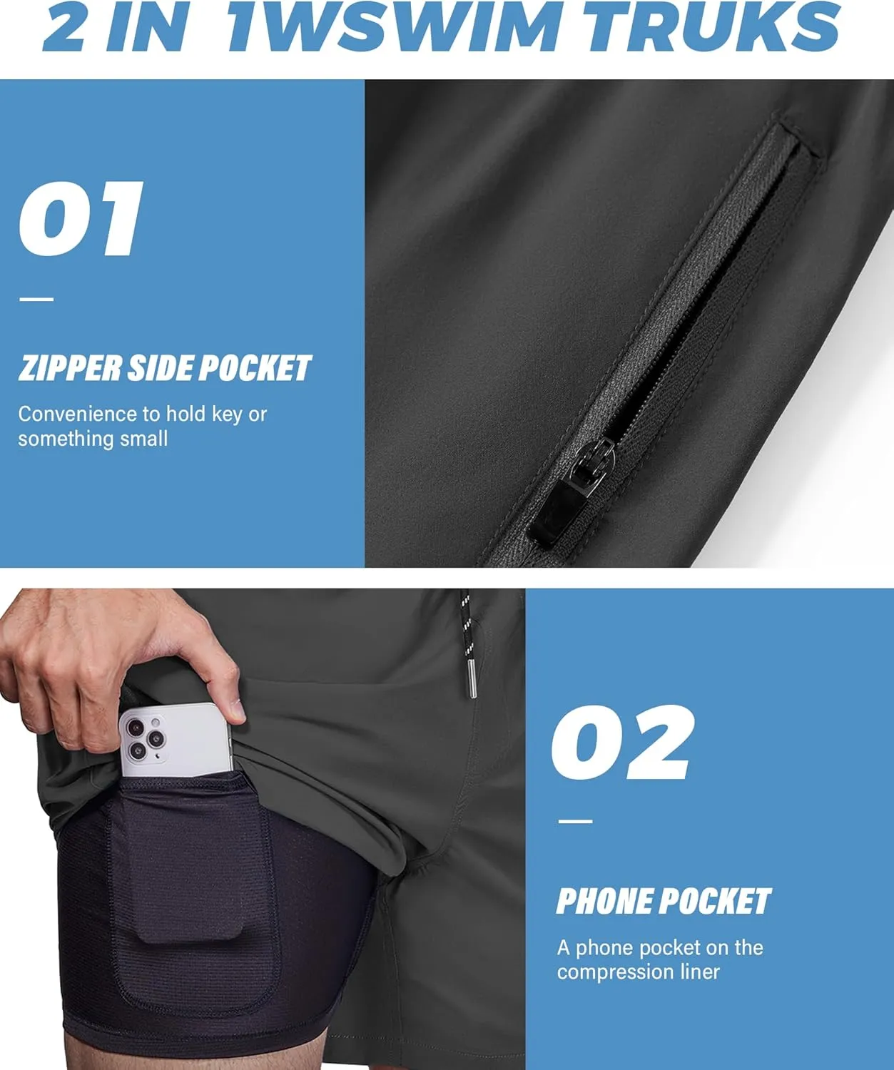 Alimens & Gentle Mens Swim Trunks 5" with Compression Linner Swim Shorts with Zipper Pocket Quick Dry Board Shorts for Men
