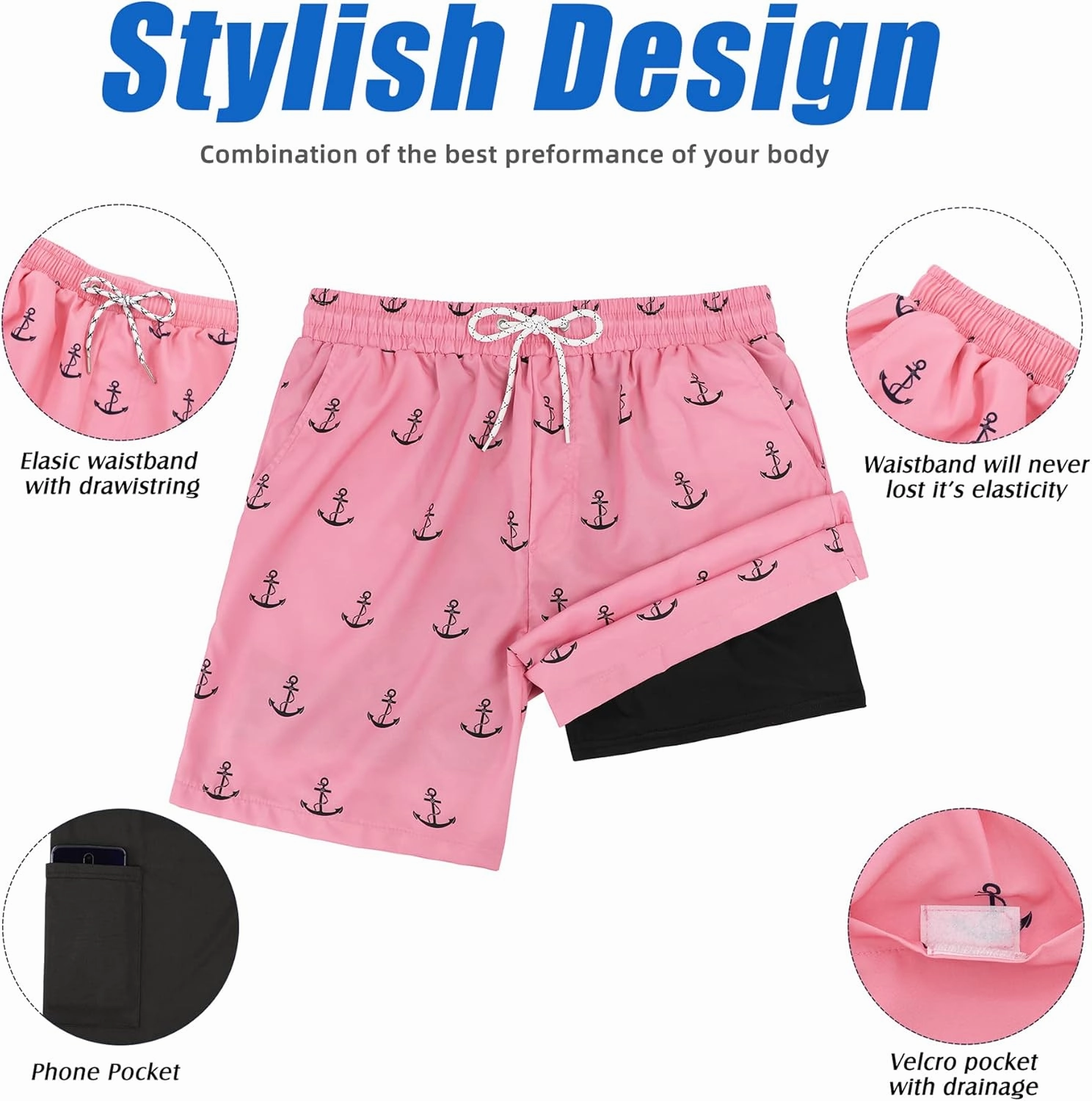 American Trends Men's Swim Trunks Board Shorts Quick Dry Mens Swimming Trunks with Compression Liner