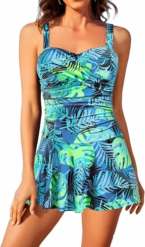 Aqua Eve One Piece Swim Dress Tummy Control Swimsuit with Skirt Modest Bathing Suit Vintage Swimdress