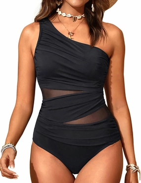 Aqua Eve Women Mesh One Piece Swimsuit - Tummy Control One Shoulder Bathing Suit Cut Out Swimwear 2025