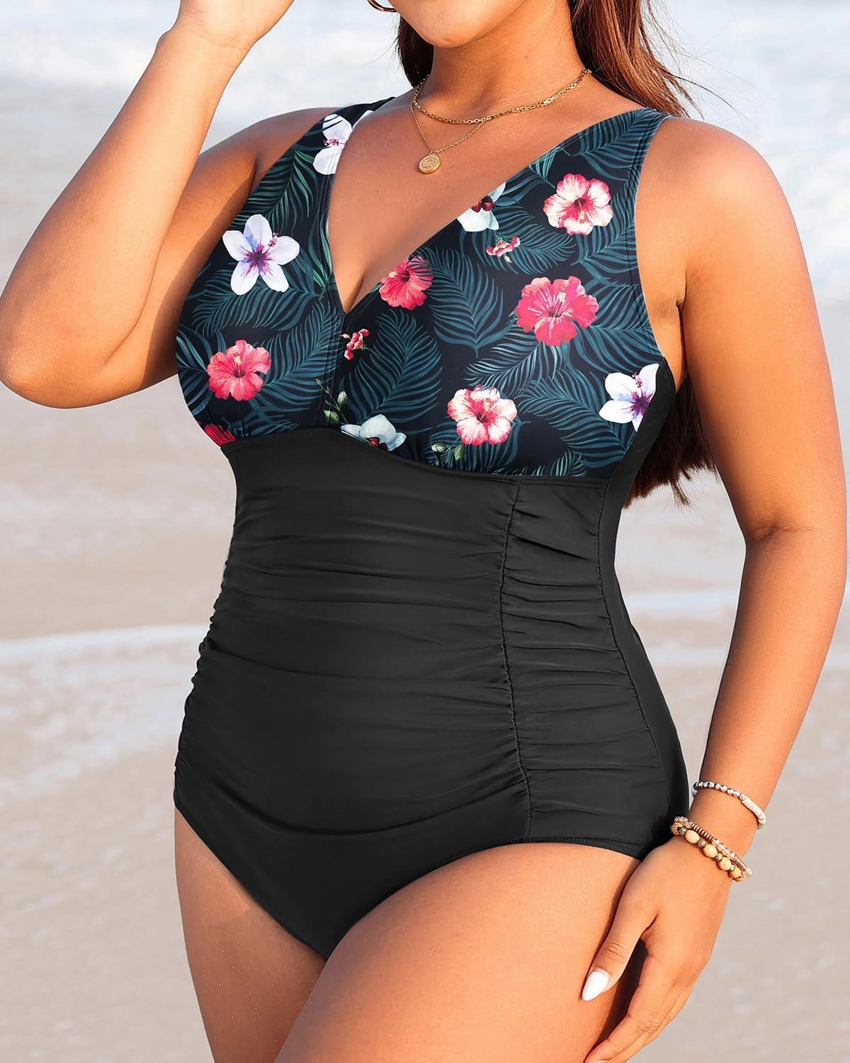 Aqua Eve Women Plus Size One Piece Swimsuits V Neck Tummy Control Bathing Suits Retro Ruched Swimwear