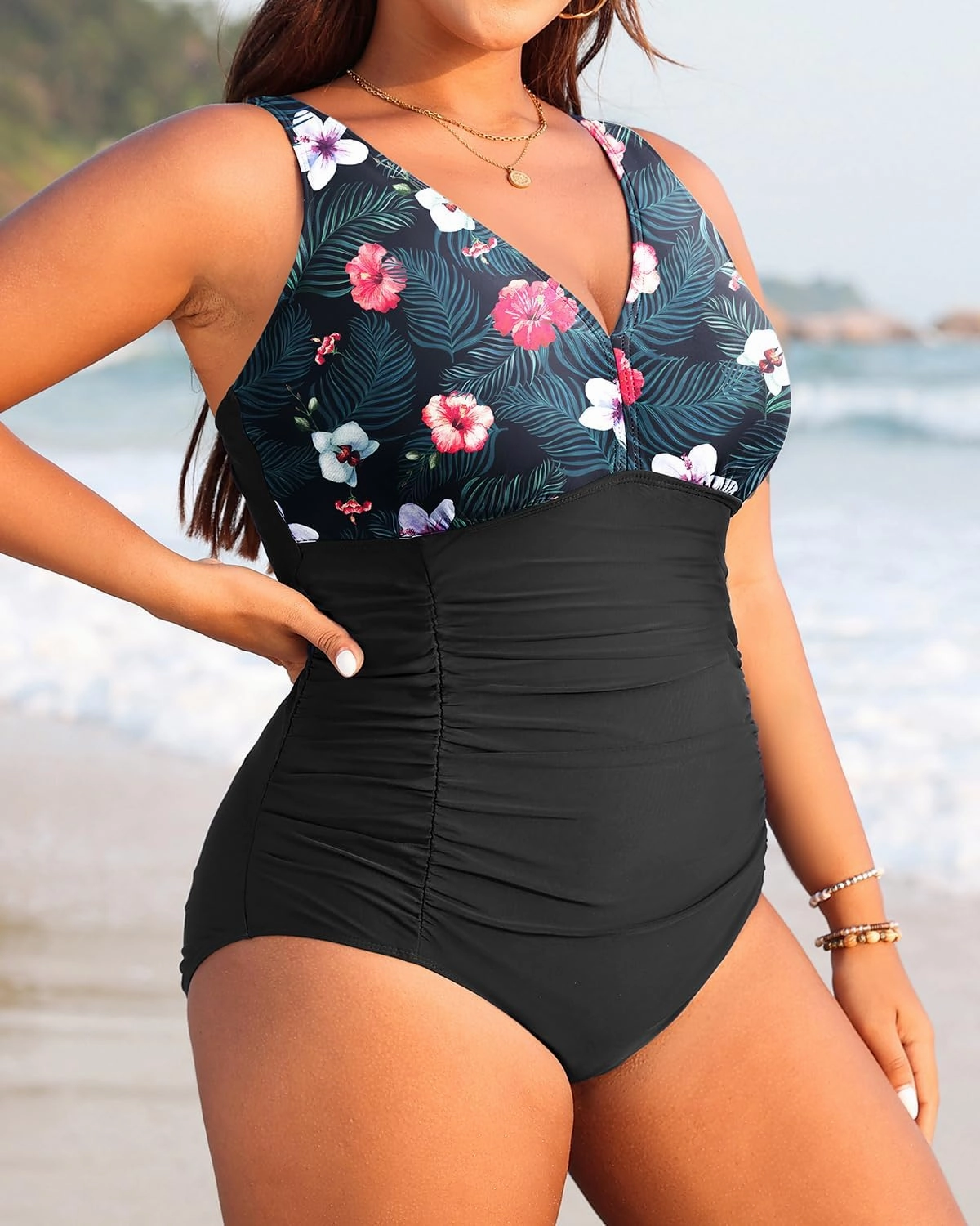 Aqua Eve Women Plus Size One Piece Swimsuits V Neck Tummy Control Bathing Suits Retro Ruched Swimwear