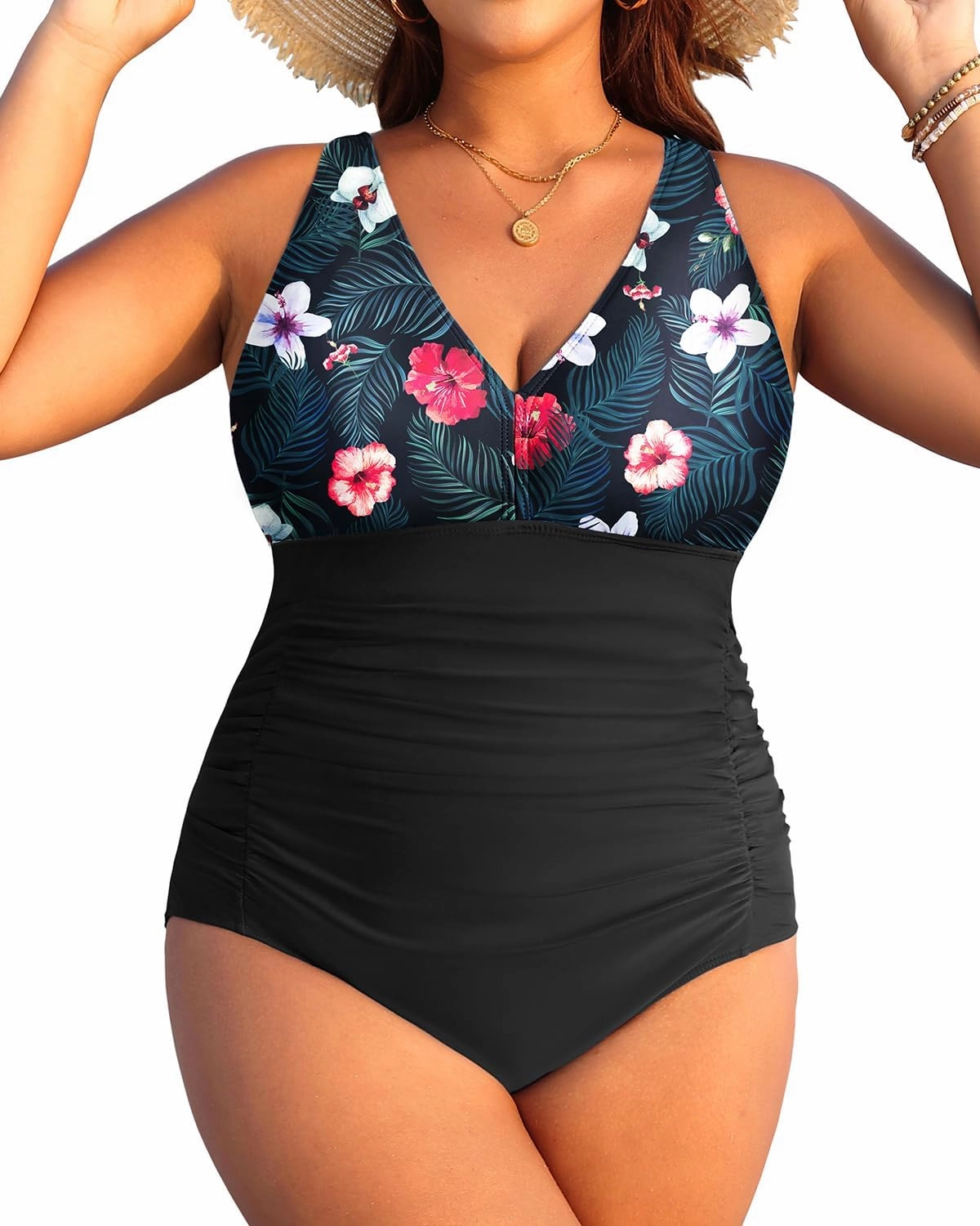 Aqua Eve Women Plus Size One Piece Swimsuits V Neck Tummy Control Bathing Suits Retro Ruched Swimwear