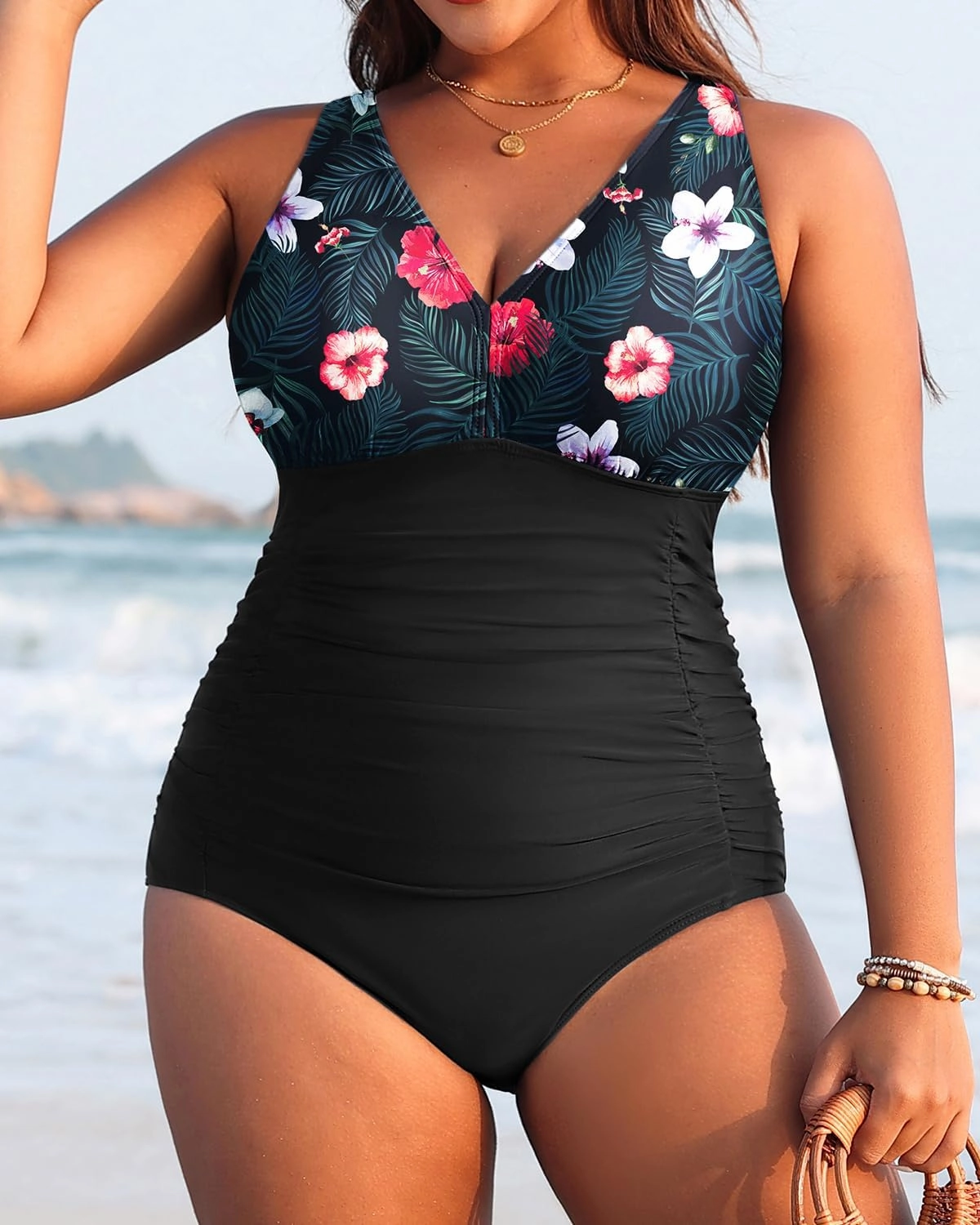 Aqua Eve Women Plus Size One Piece Swimsuits V Neck Tummy Control Bathing Suits Retro Ruched Swimwear