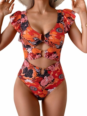 B2prity Women's One Piece Swimsuit Ruffle Sleeve Cut Out Bathing Suit Tie Back High Waisted Swim Suit