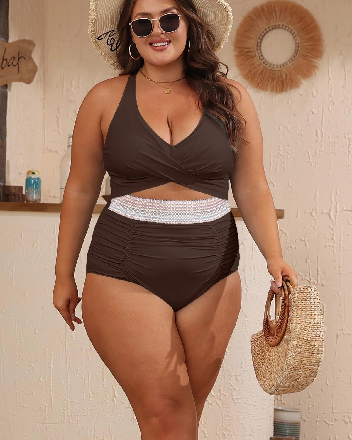 B2prity Women's Plus Size One Piece Swimsuit Tummy Control V Neck Bathing Suit Ruched High Waisted Cutout Swimwear