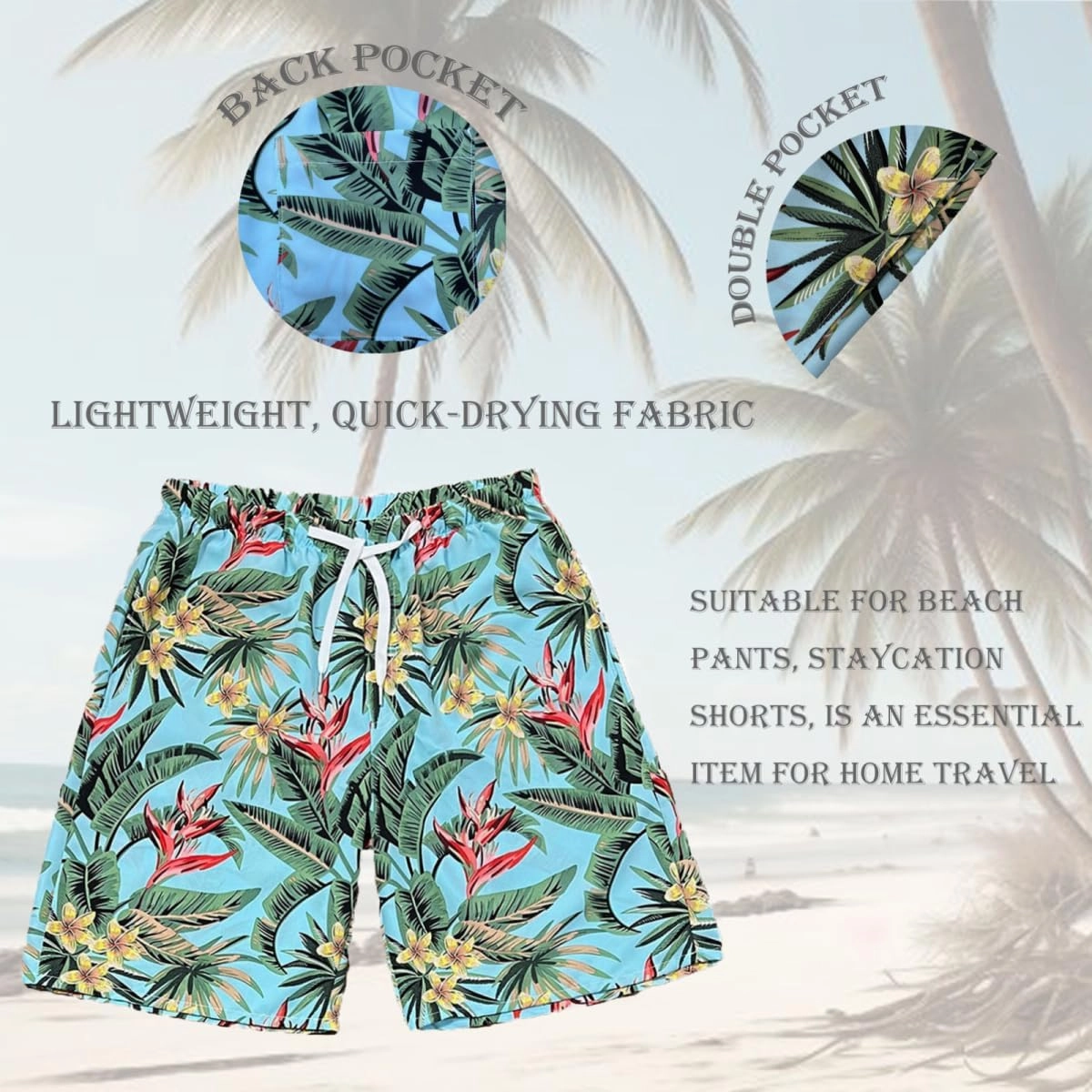 Beach Shorts for Men Summer 3-Pockets Quick-Dry Tropical Tree Printing Lace-Up Beach Shorts Swim Trunks Mens