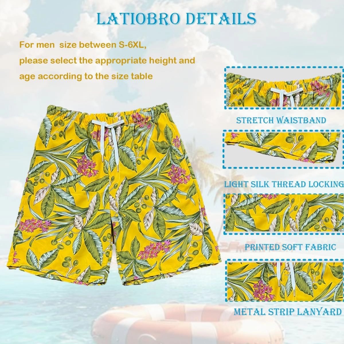 Beach Shorts for Men Summer 3-Pockets Quick-Dry Tropical Tree Printing Lace-Up Beach Shorts Swim Trunks Mens