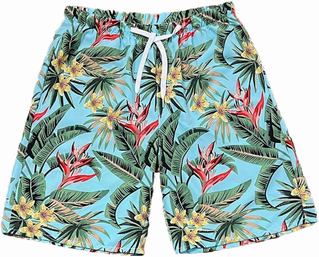 Beach Shorts for Men Summer 3-Pockets Quick-Dry Tropical Tree Printing Lace-Up Beach Shorts Swim Trunks Mens
