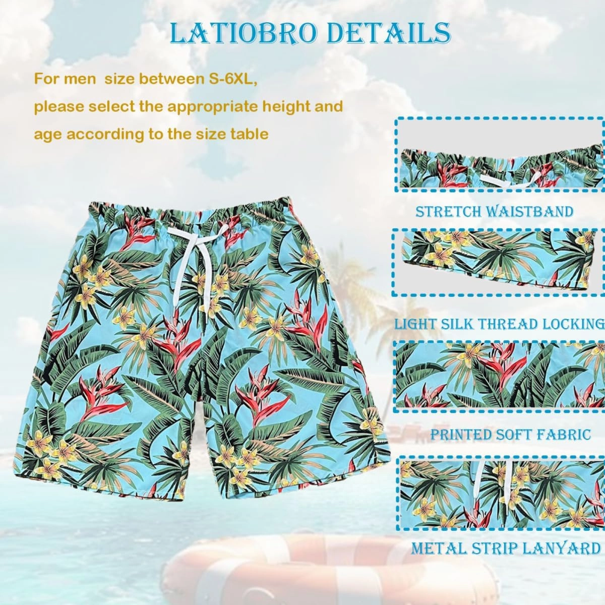 Beach Shorts for Men Summer 3-Pockets Quick-Dry Tropical Tree Printing Lace-Up Beach Shorts Swim Trunks Mens