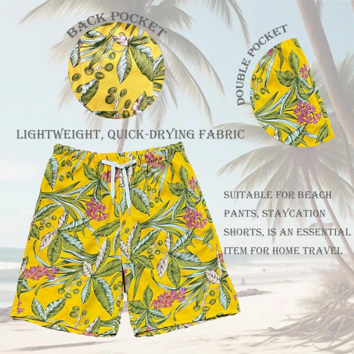 Beach Shorts for Men Summer 3-Pockets Quick-Dry Tropical Tree Printing Lace-Up Beach Shorts Swim Trunks Mens