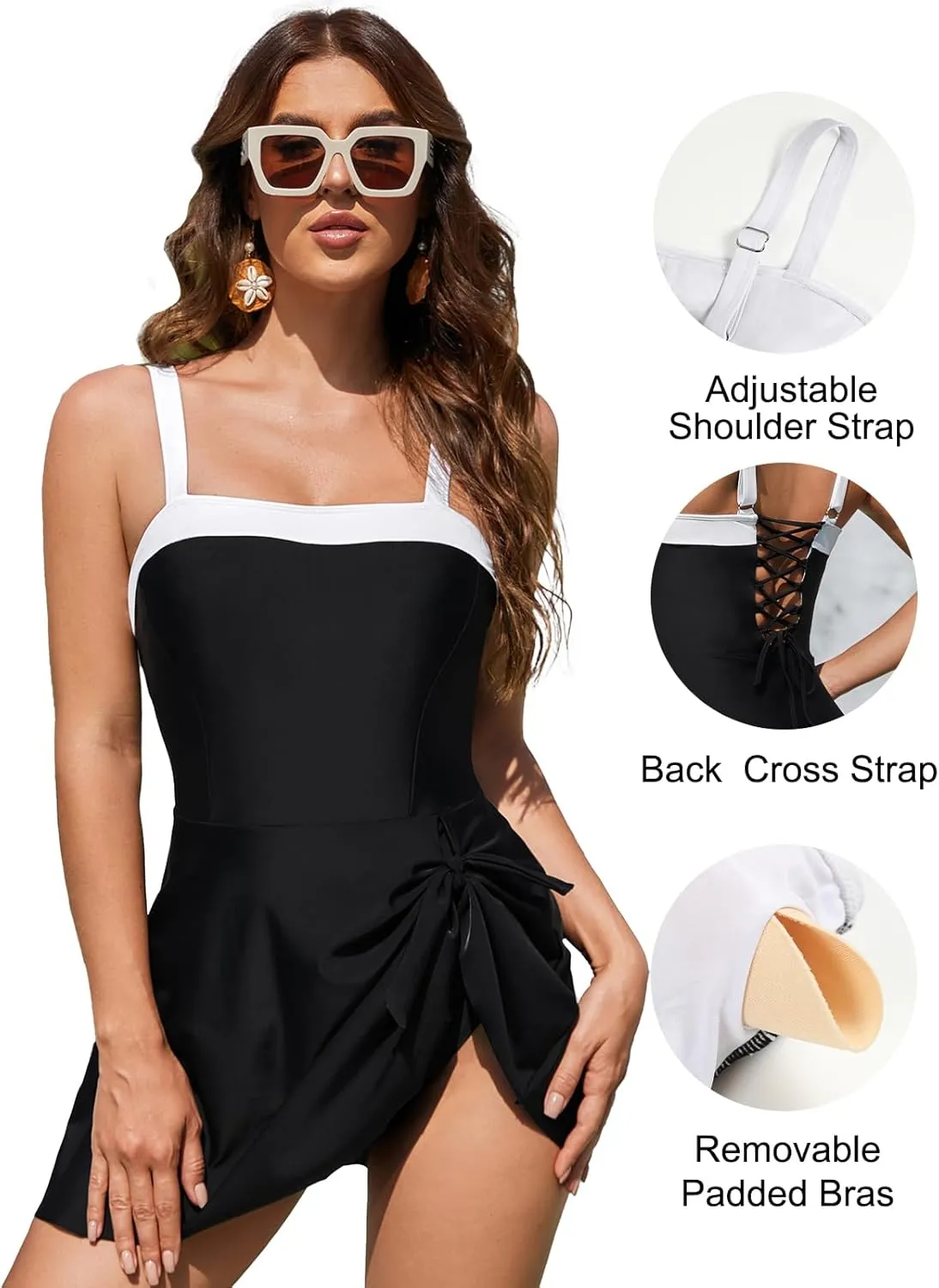 Blooming Jelly Women One Piece Swimsuit Tummy Control Swim Dress Color Block Modest Bathing Suit Retro Swim Suit Skirt