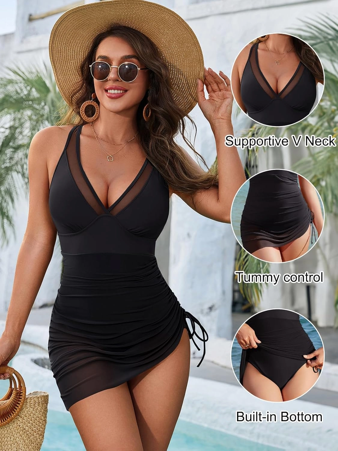 Blooming Jelly Women One Piece Swim Dress Tummy Control Swimsuits Slimming Mesh Sheer Sarong Wraps Bathing Suit