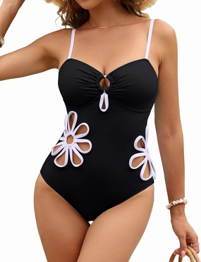 Blooming Jelly Women's One Piece Swimsuit Slimming Color Block High Cut Bathing Suit Cheeky Floral Cutout Swimwear