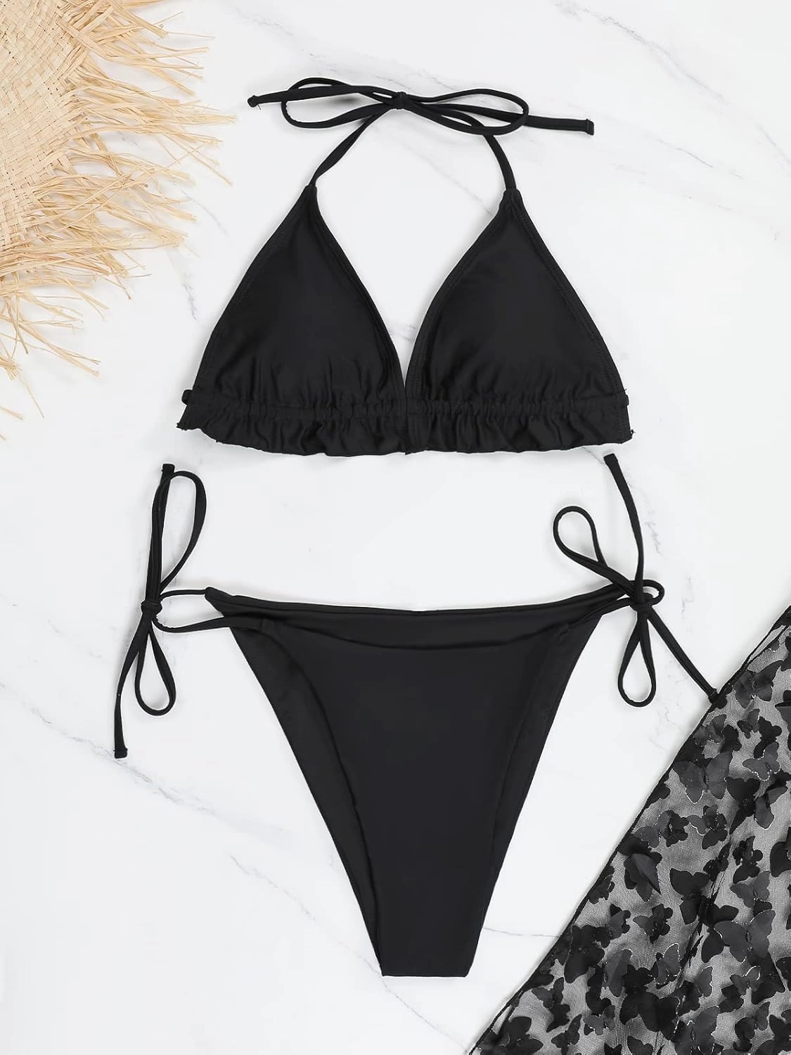 Blooming Jelly Womens 3 Piece Swimsuits Triangle Halter Thong Bikini Set Butterfly Bathing Suits Sarongs