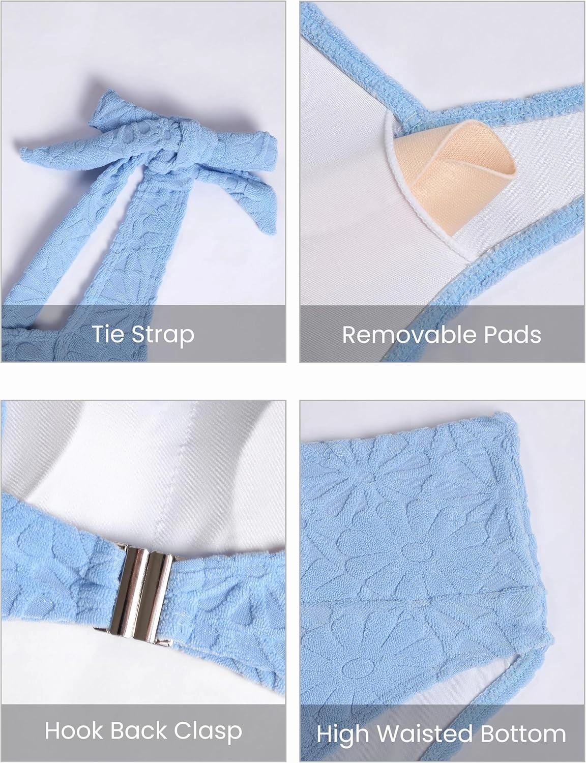 Blooming Jelly Womens High Waisted Bikini Set Tie Strap Jacquard Terry Cloth 2 Piece Swimsuit Modest Cute Retro Bathing Suit