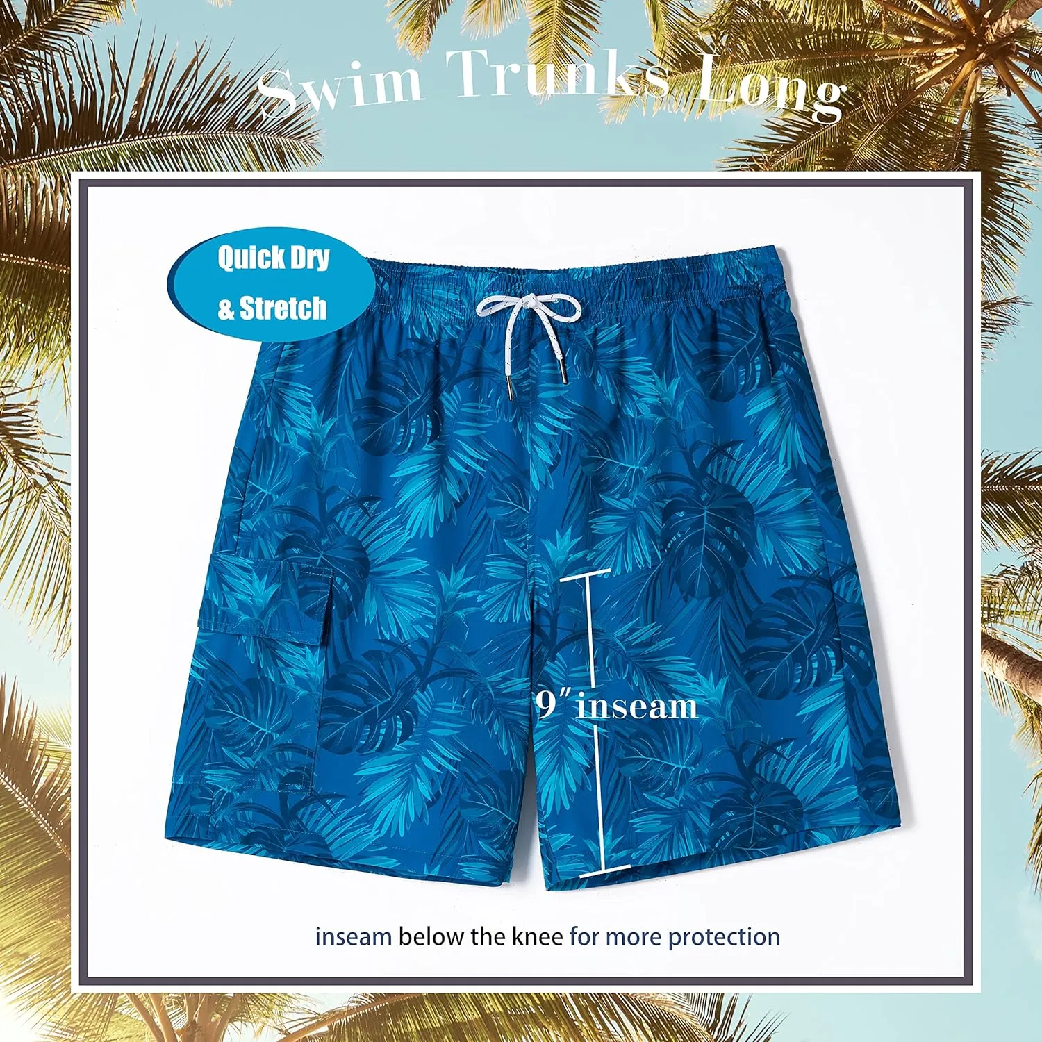 BRISIRA Mens Swim Trunks 9 Inch Inseam Board Shorts with Compression Liner Swimsuit Bathing Suit Quick Dry Cargo Pocket