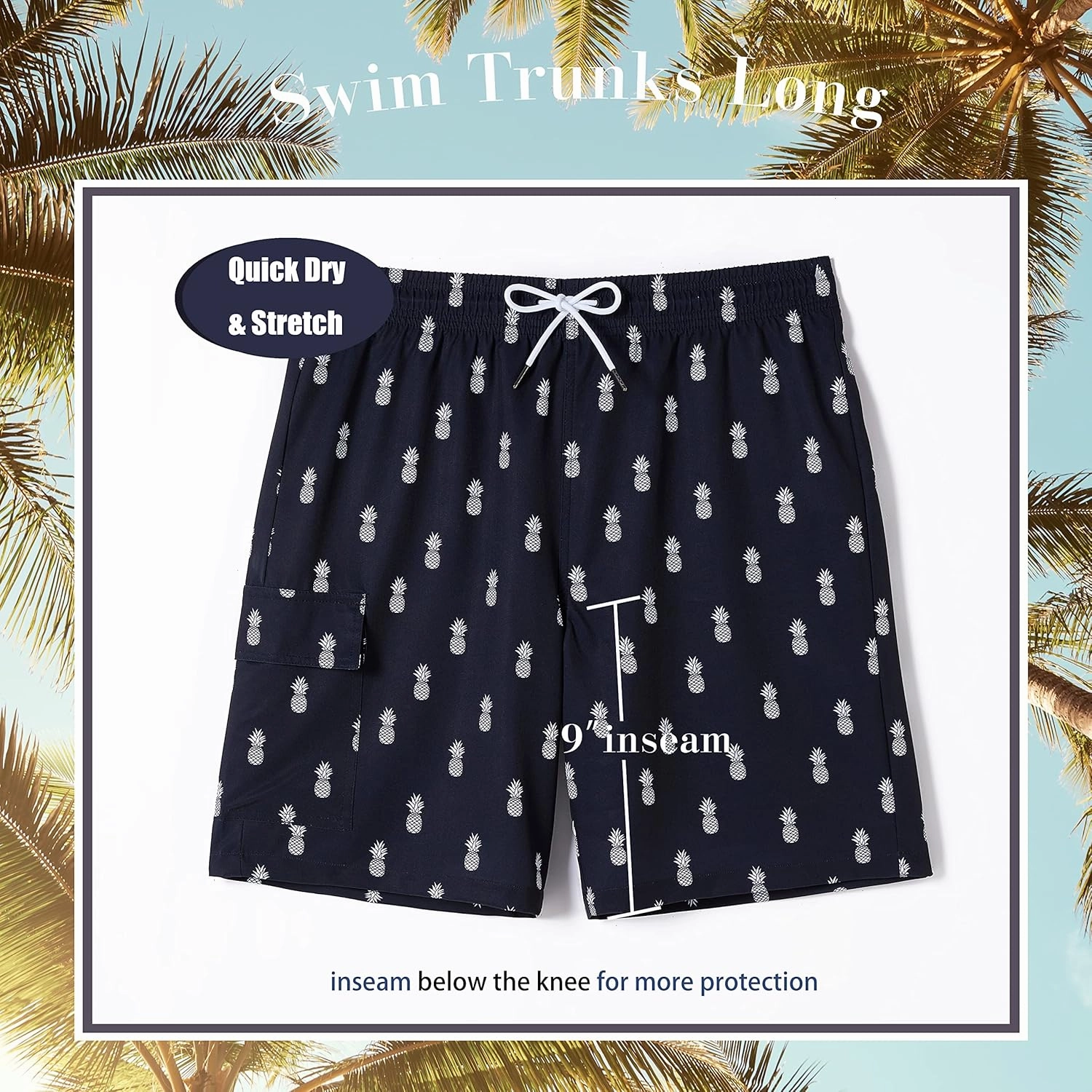 BRISIRA Mens Swim Trunks 9 Inch Inseam Board Shorts with Compression Liner Swimsuit Bathing Suit Quick Dry Cargo Pocket