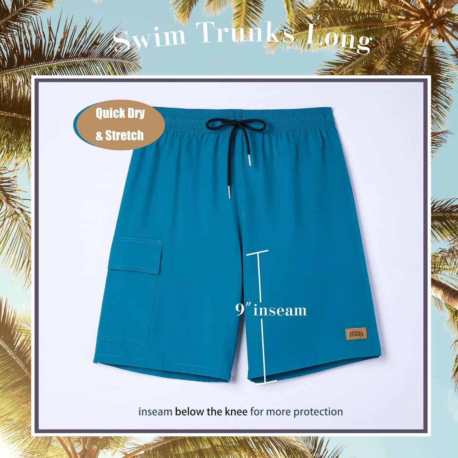BRISIRA Mens Swim Trunks 9 Inch Inseam Board Shorts with Compression Liner Swimsuit Bathing Suit Quick Dry Cargo Pocket