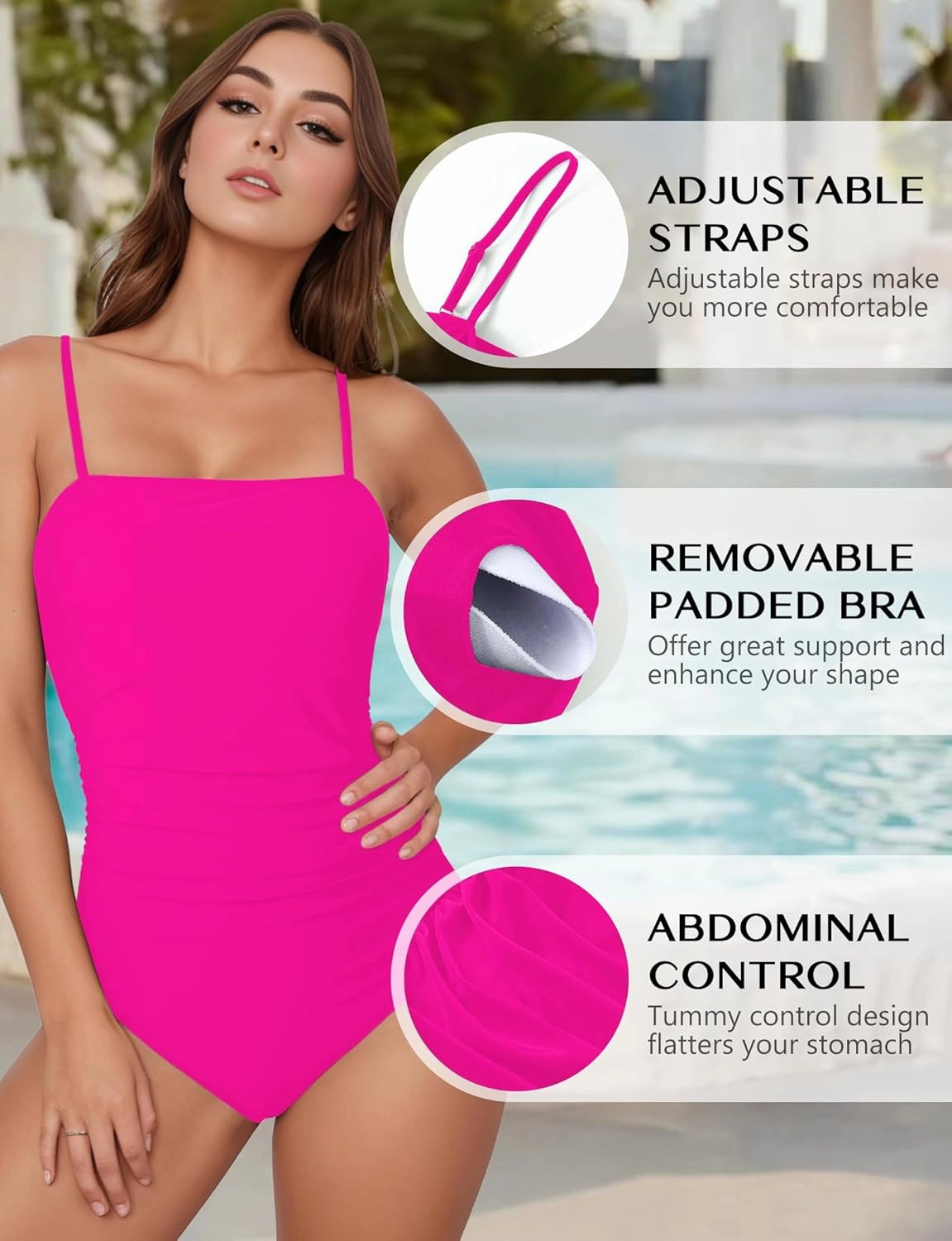 Buauty Women's One Piece Swimsuits Tummy Control Bathing Suits for Women Square Neck Backless Ruched Push Up Swimwear