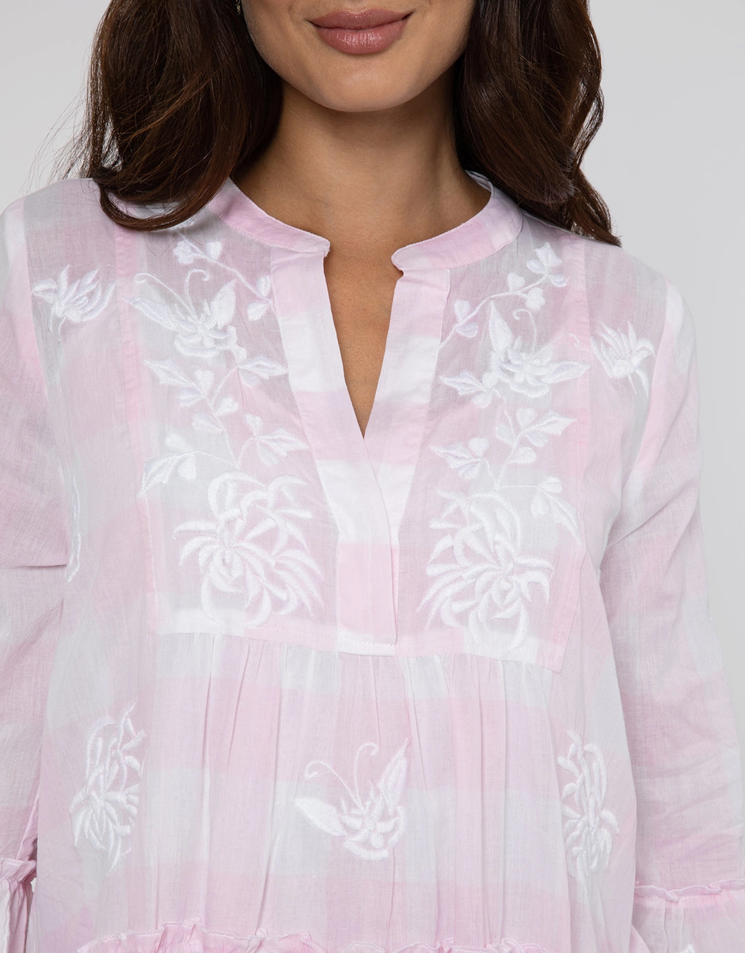 Butterfly Gingham Flared Sleeve Dress - Pink