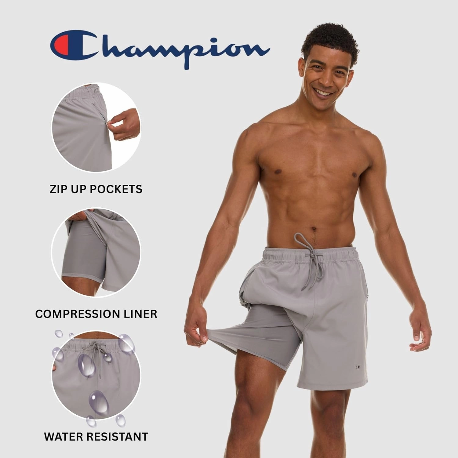 Champion Mens Swim Trunks with Compression Liner, 2 in 1 Mens Bathing Suit Shorts, 7 Inch Inseam Board Shorts for Swimming