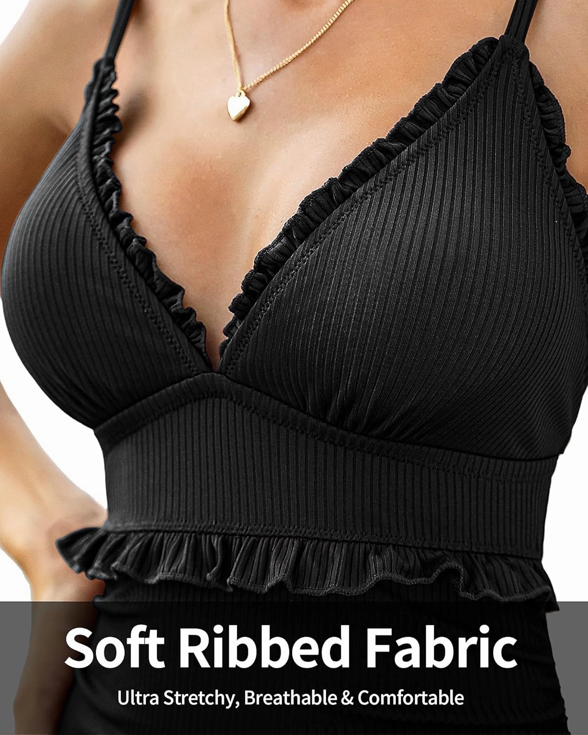 Charmo Frill Trim Ribbed One Piece Swimsuit Women Ruffled Ruched Tummy Control Bathing Suit