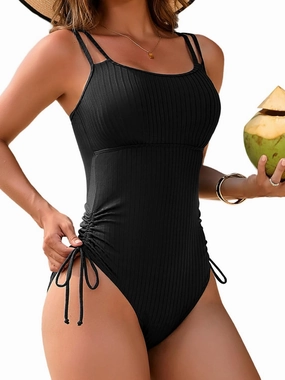 Charmo Ribbed One Piece Swimsuit Women High Cut Bathing Suit Tie Side Spaghetti Strap Modest Monikini Swimwear