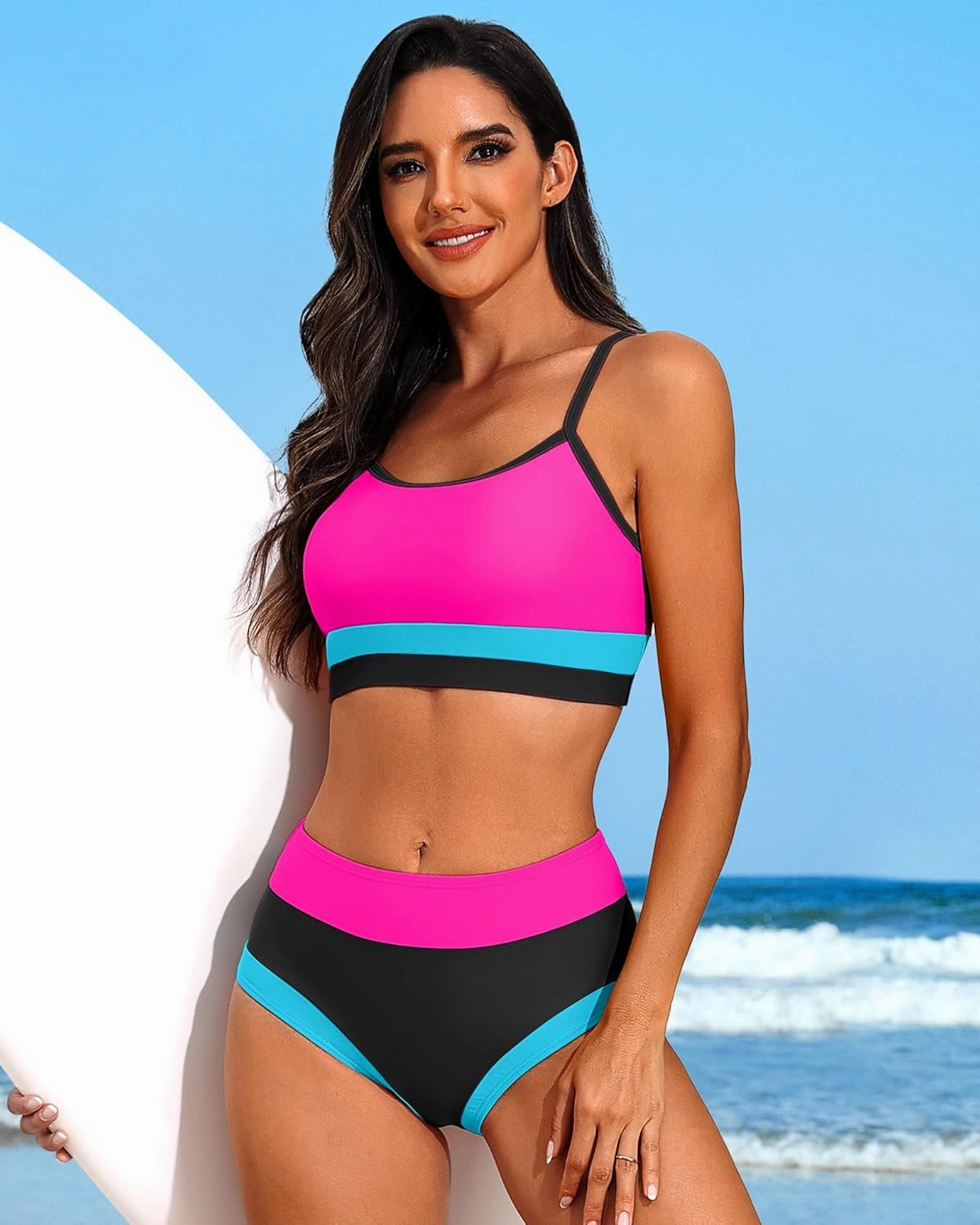 Charmo Women High Waisted Bikini Sets Sporty Color Block Two Piece Swimsuit Scoop Neck Bathing Suits Swimwear