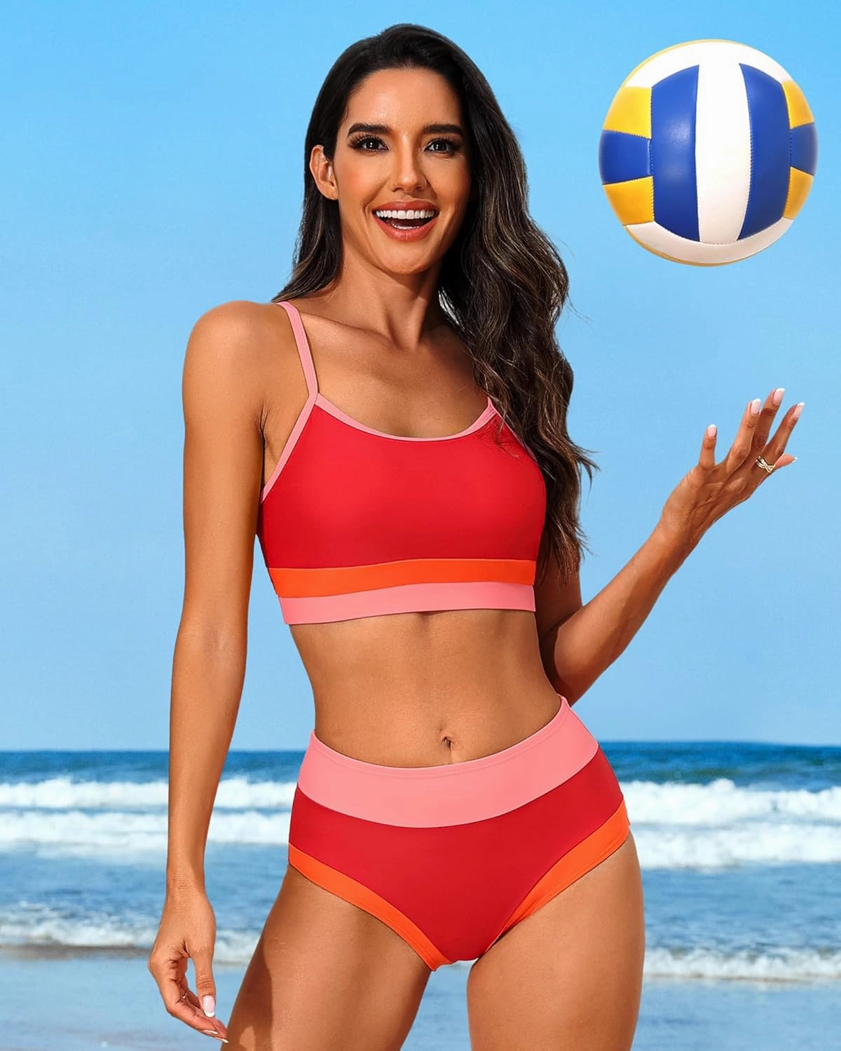 Charmo Women High Waisted Bikini Sets Sporty Color Block Two Piece Swimsuit Scoop Neck Bathing Suits Swimwear