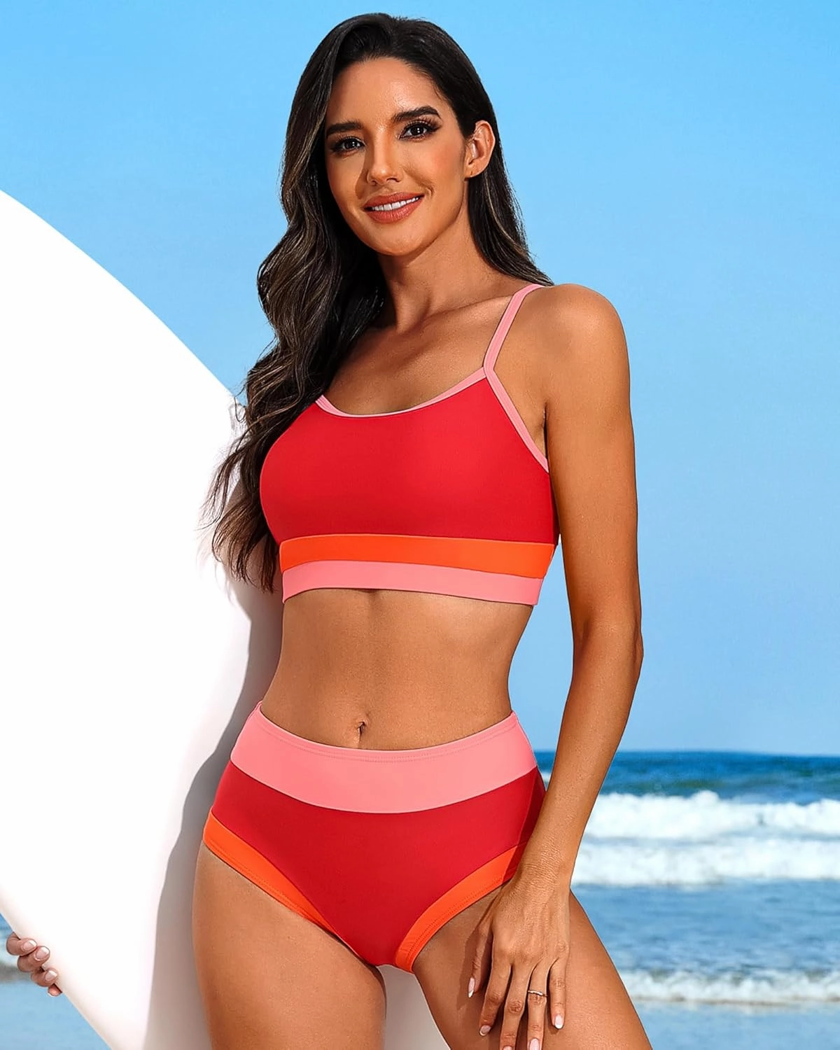 Charmo Women High Waisted Bikini Sets Sporty Color Block Two Piece Swimsuit Scoop Neck Bathing Suits Swimwear