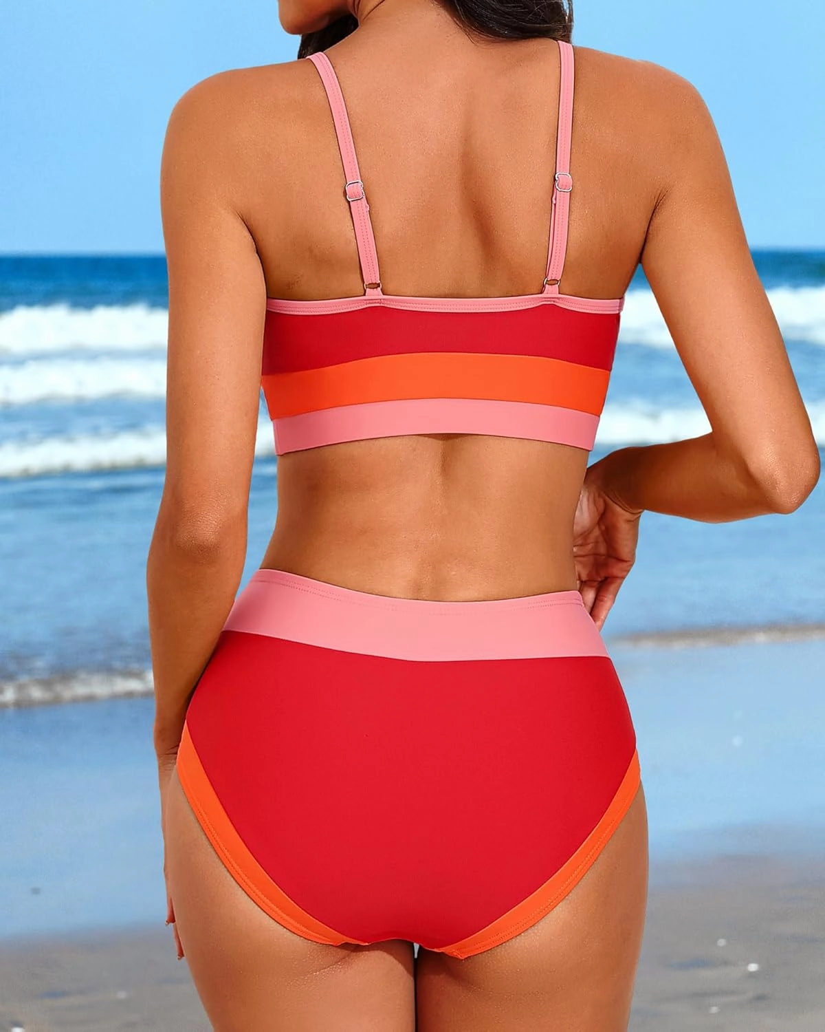 Charmo Women High Waisted Bikini Sets Sporty Color Block Two Piece Swimsuit Scoop Neck Bathing Suits Swimwear