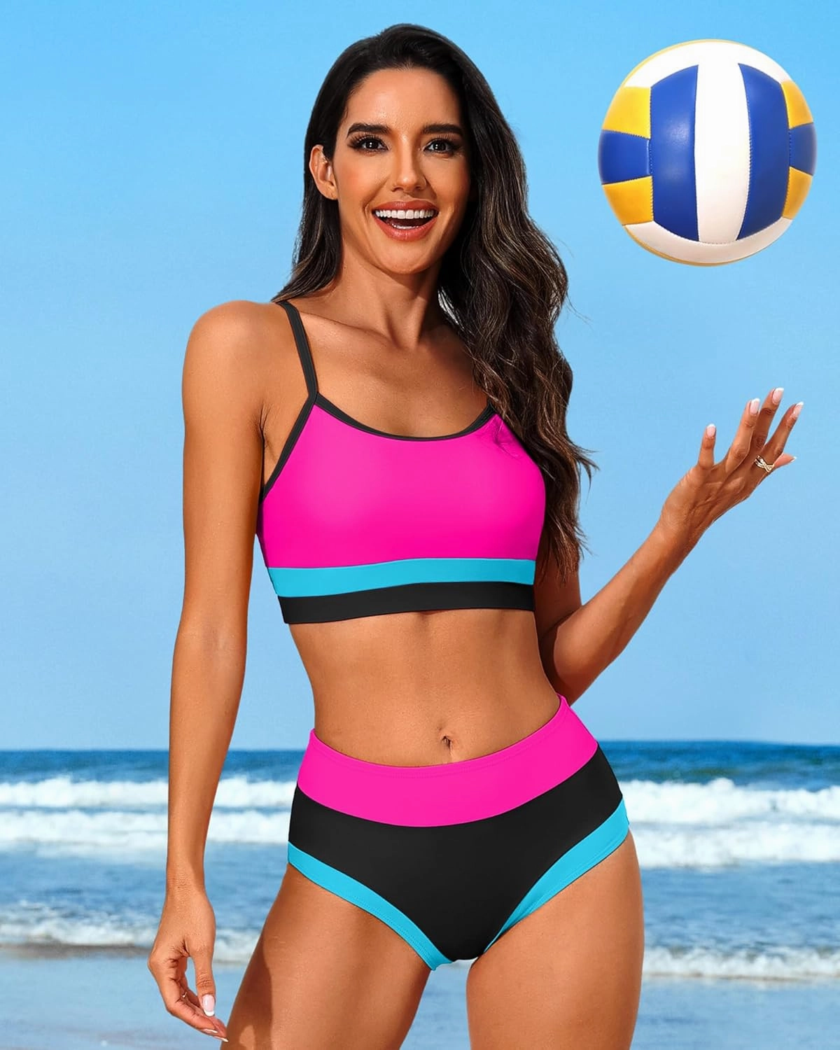 Charmo Women High Waisted Bikini Sets Sporty Color Block Two Piece Swimsuit Scoop Neck Bathing Suits Swimwear