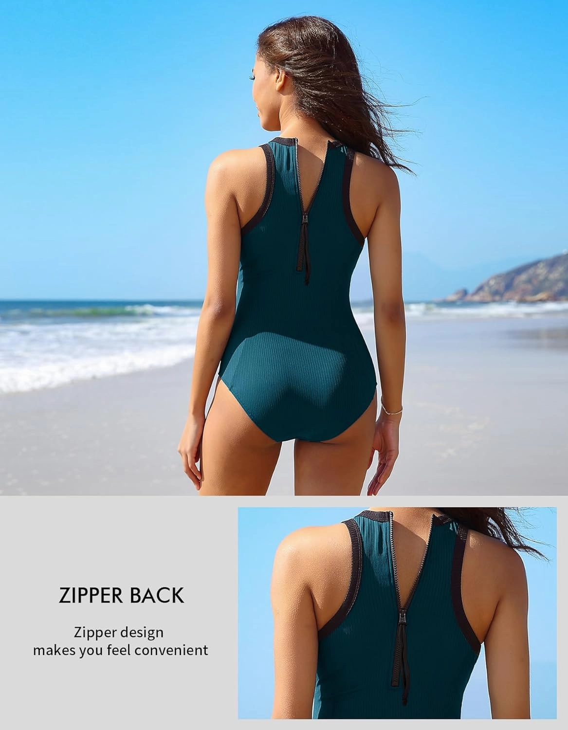 Charmo Women One Piece Swimsuit Zipper Back Ribbed Swimwear Sporty Racerback High Neck Bathing Suit