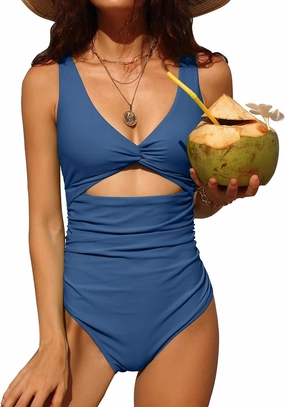 Charmo Womens One Piece Swimsuit Ruched Tummy Control High Cut Backless V Neck Bathing Suits Swimwear