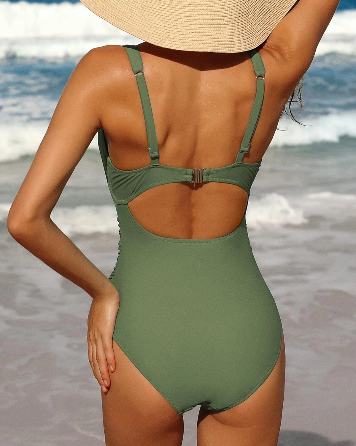 Charmo Womens One Piece Swimsuit Ruched Tummy Control High Cut Backless V Neck Bathing Suits Swimwear