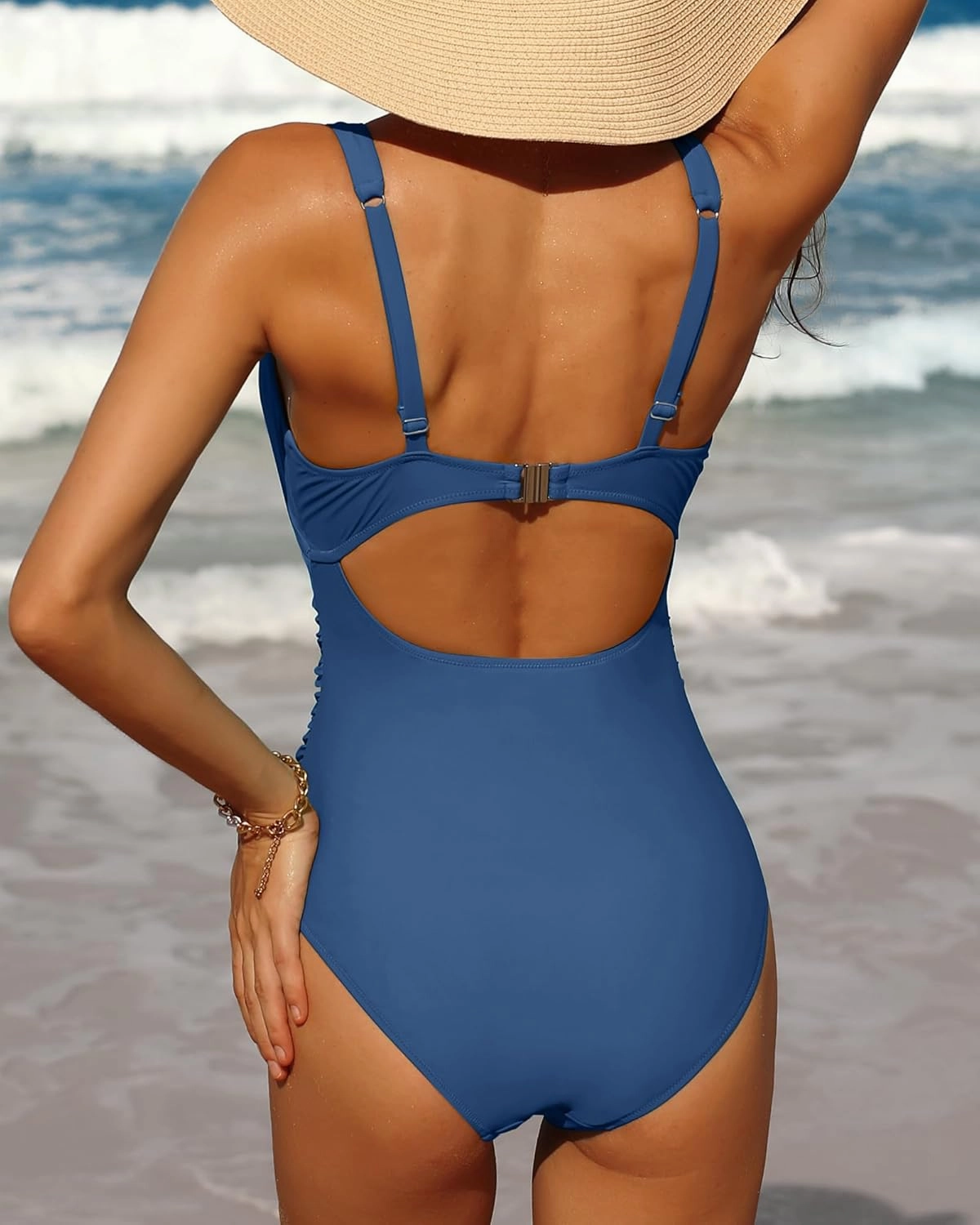 Charmo Womens One Piece Swimsuit Ruched Tummy Control High Cut Backless V Neck Bathing Suits Swimwear