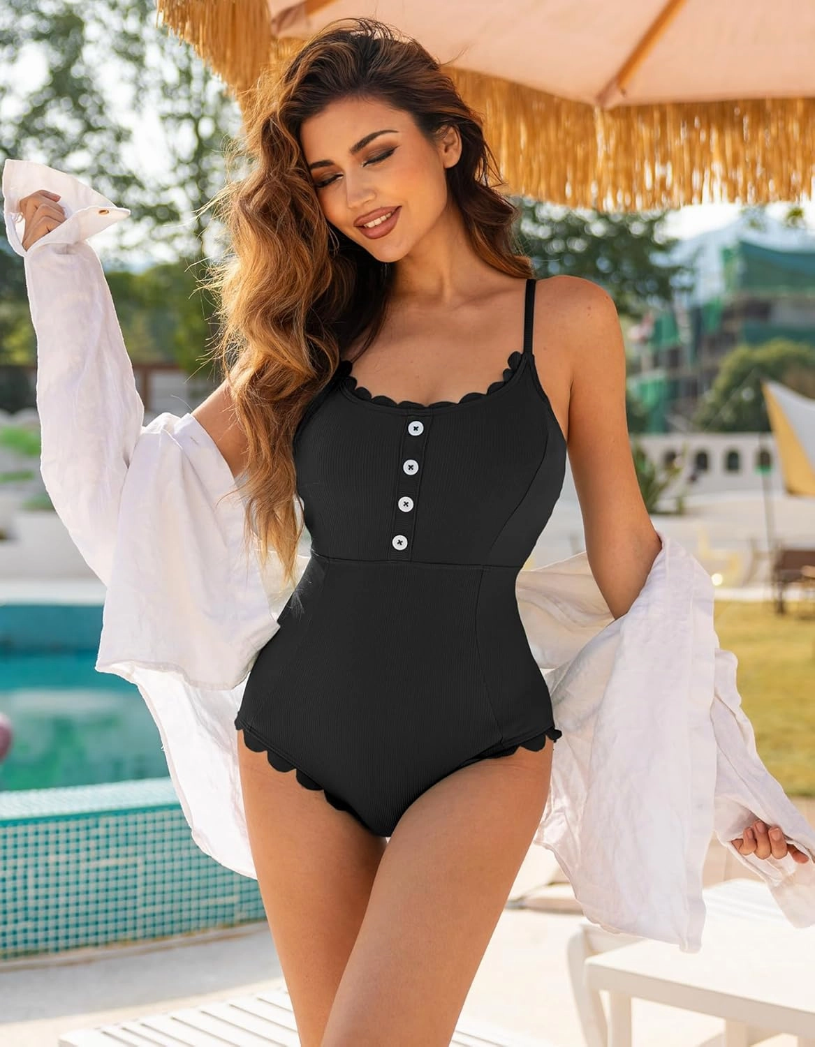 Charmo Womens One Piece Swimsuits Ribbed Scoop Neck Scalloped Bathing Suits Button Swimming Suit