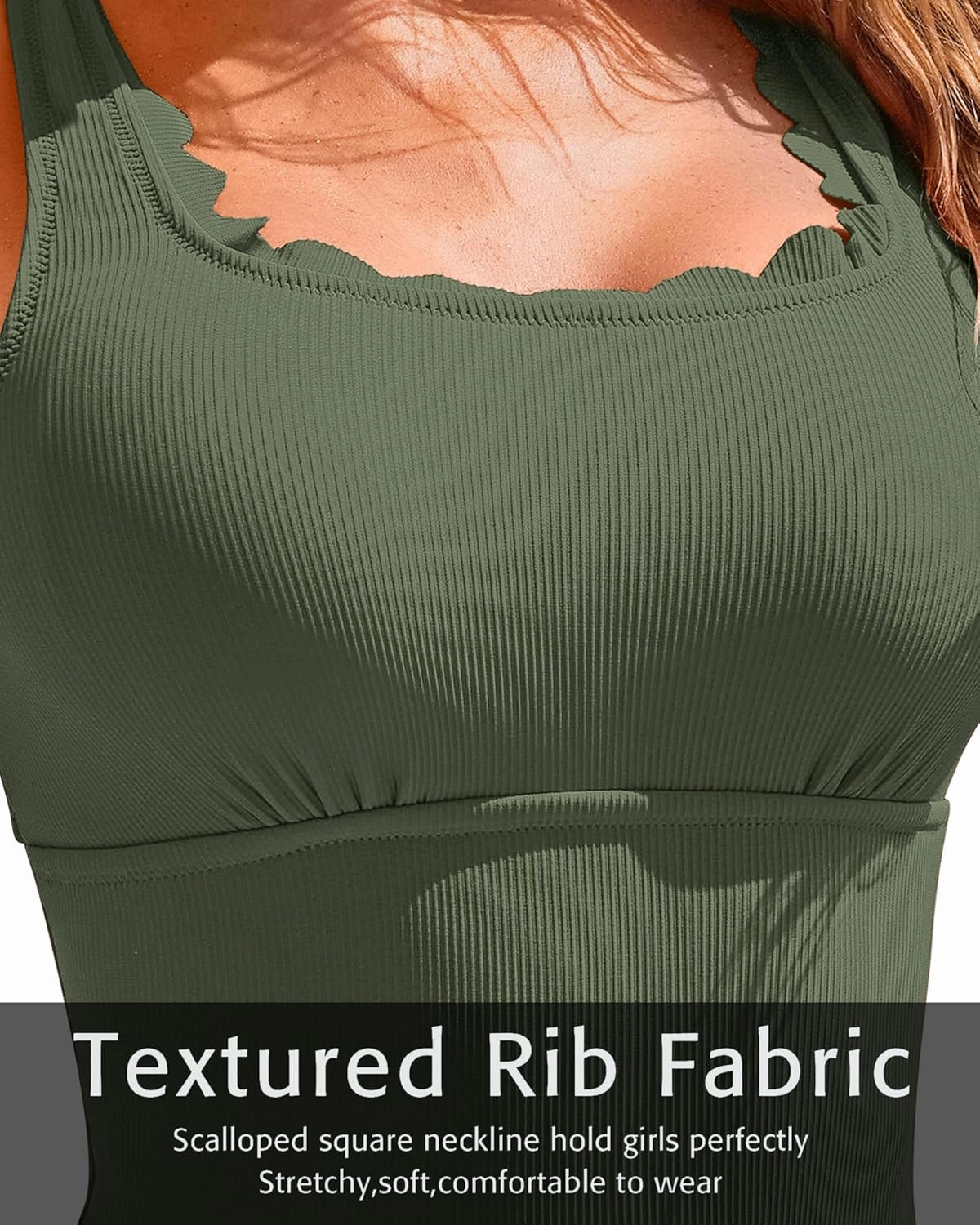 Charmo Womens Scalloped Ribbed One Piece Swimsuits Retro Square Neck Modest Bathing Suits