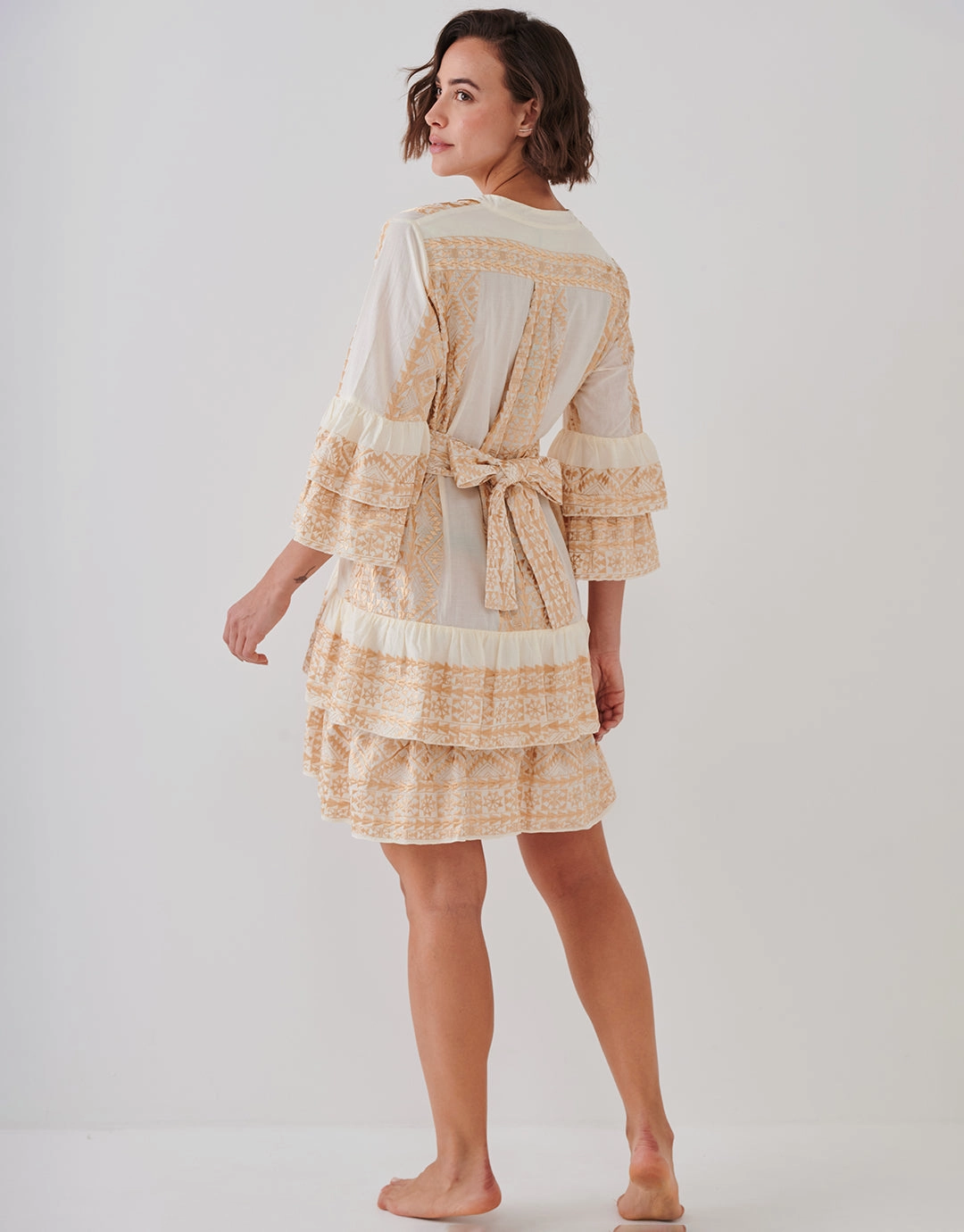 Classic Triangle Layered Mini Dress with Sash - Natural and Gold